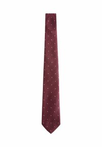 Cravate bourgogne en tissu texturé, présentant des pois blancs régulièrement espacés. Design slim avec une extrémité effilée, adapté pour des tenues formelles.