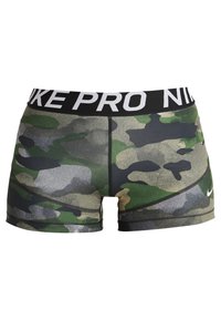 Nike Pro camo shorts featuring a black elastic waistband with "NIKE PRO" text, green and gray camouflage pattern, and stretch fabric.