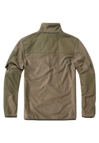 Fleece jacket in olive green with a standing collar, textured body, and reinforced shoulder and elbow patches for durability.