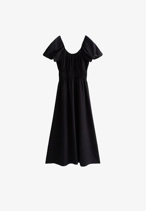 Robe noire avec manches courtes bouffantes, corsage froncé et jupe évasée fluide. Réalisée dans un tissu texturé.