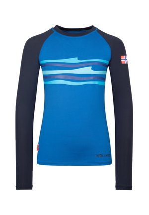 Long-sleeve blue and navy rash guard with wave pattern across chest and small Norwegian flag on the left sleeve.