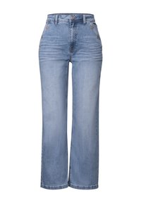 Jeans de mezclilla de tiro alto y pernera ancha en un tono azul claro, con detalles de botones en la parte frontal y un sutil desgastado en la tela.