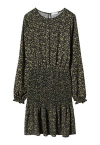 Floral dress with black background and green flowers. Long sleeves, smocked waist, and ruffled hem. Back closure with keyhole detail.
