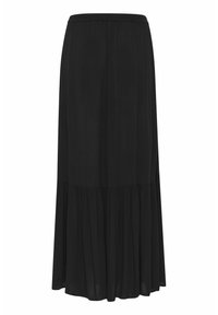 Jupe maxi noire en tissu léger, avec un design à volants et une taille élastique pour plus de confort. Texture lisse avec un tombé fluide.