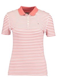 Pruhované polo tričko s krátkými rukávy, s růžovými a bílými vodorovnými pruhy, s límečkem a pěti knoflíkovou légou.