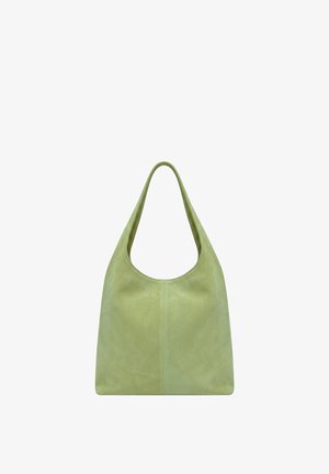 Sac à bandoulière en cuir vert doux avec une seule sangle large et un design simple, présenté sur fond blanc.