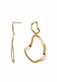 Złote kolczyki o abstrakcyjnym kształcie z gładkimi, falistymi krawędziami i okrągłym, otwartym środkiem. Cienki, zakrzywiony haczyk dodaje im delikatnego wyglądu.
