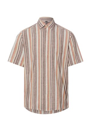 Kortermig blouse met knopen en verticale strepen in beige, bruin, wit en lichtoranje kleuren.