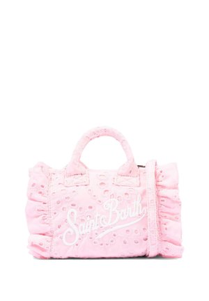 Kleine roze stoffen handtas met oogjespatroon, geplooide zijkanten, dubbele handvatten en witte "Saint Barth" opschrift aan de voorkant.