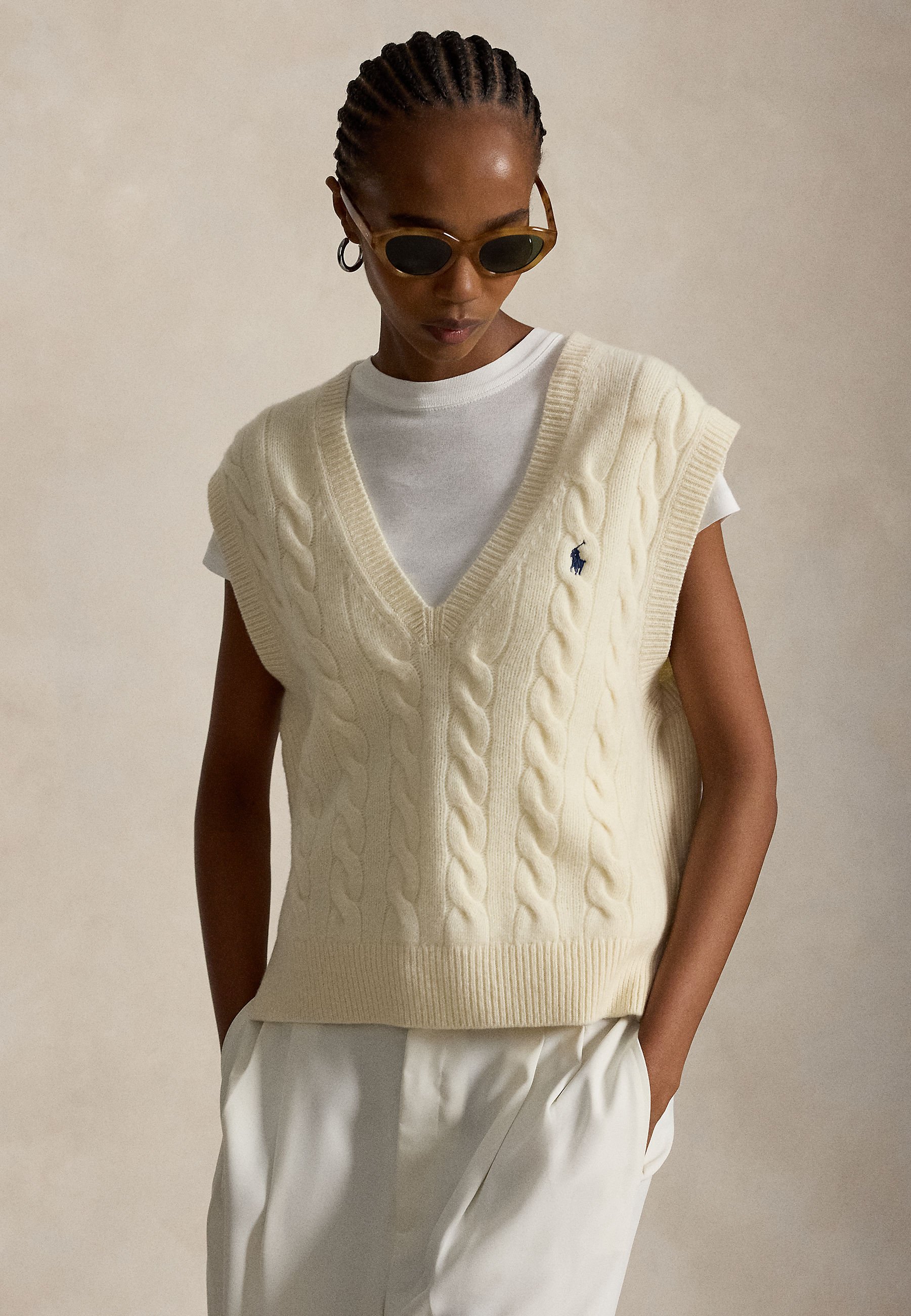 Knitted Vest Beige Sleeveless Sweater Polo Ralph Lauren CABLE-KNIT 