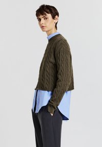 Maglione lavorato a maglia color khaki con design cropped, indossato sopra una camicia collare blu chiaro. Il modello indossa pantaloni scuri. Il motivo testurizzato è evidente.