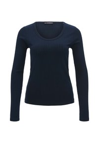 Langarm ribbel T-shirt in donkerblauw, met een ronde halslijn en een strakke pasvorm, gemaakt van zachte, rekbare stof.