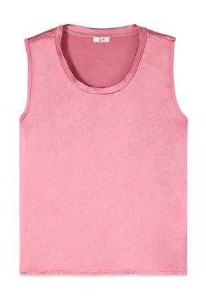 Canotta senza maniche color rosa tenue con scollo rotondo e tessuto dalla trama liscia, distesa in piano con dettagli di cuciture visibili.