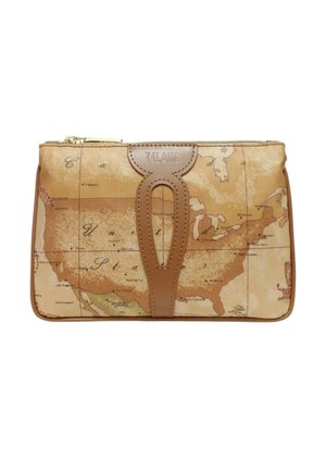 Bustina marrone con zip con una mappa in stile vintage degli Stati Uniti, con una cinghia in pelle cucita e il nome del marchio sul davanti.