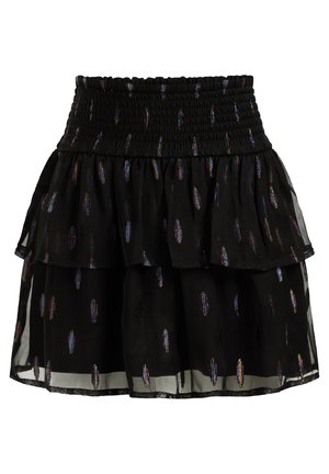 Jupe noire à plusieurs couches avec une taille élastique présentant des motifs verticaux irisés en forme de plumes sur tout le tissu.
