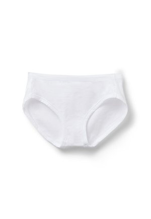 Weiße Baumwoll-Slips mit elastischem Bund und Beinöffnungen, flach auf weißem Hintergrund dargestellt.