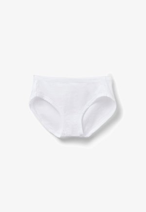 Witte katoenen slips met elastische tailleband en beenopeningen, plat weergegeven op een witte achtergrond.