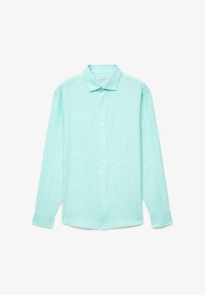 Camicia a maniche lunghe con bottoni in turchese chiaro, con colletto classico e bottoni bianchi, mostrata distesa su uno sfondo bianco.