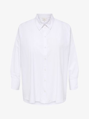 Balta, ar pogām aiztaisāma, garām piedurknēm krekls ar klasisku apkakli un aproču piedurknēm, attēlots uz vienkārša fona.