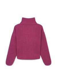 Fuchsia gestrickter Rollkragenpullover mit langen Ärmeln, cropped Länge und strukturiertem Muster. Klassischer Rippkragen und Saum.