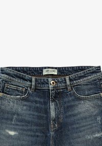 Denim jeans in een vervaagde donkerblauwe kleur, vijf-pocket ontwerp, metalen knoopsluiting en subtiele verwering over de stof.