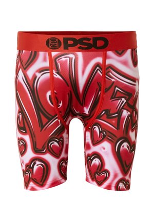 Bóxers rojos con texto estilo grafiti que dice "LOVE" y múltiples corazones rojos, con una cinturilla roja con el logo "PSD" en negro.