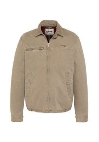 Beige Baumwolljacke mit durchgehendem Reißverschluss, Kragen, einer Reißverschlusstasche auf der Brust und seitlichen Taschen. Mit dezentem Logo-Stick.