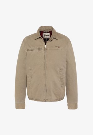 Giacca in cotone beige con zip frontale, colletto, tasca sul petto con zip e tasche laterali. Presenta un delicato ricamo del logo.