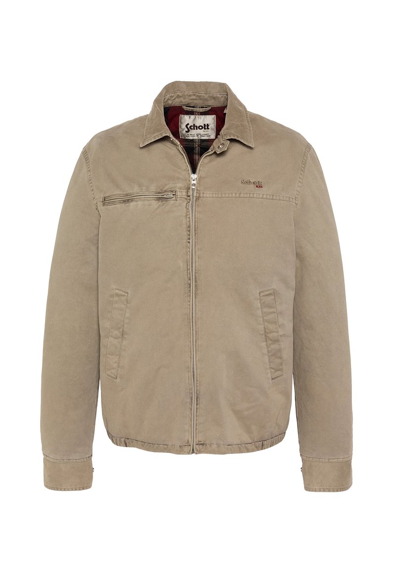 Beige Baumwolljacke mit durchgehendem Reißverschluss, Kragen, einer Reißverschlusstasche auf der Brust und seitlichen Taschen. Mit dezentem Logo-Stick.