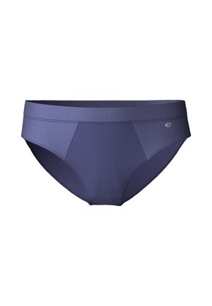 Bas de bikini bleu marine en tissu extensible, présentant une texture lisse, une taille large et des détails de coutures subtils sur les côtés.