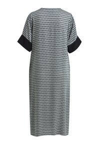 Gemustertes Kleid in Grau und Marineblau, mit kurzen Ärmeln und einfarbigen Marineblauen Bündchen, lockerer Passform und einem geometrischen Druck über das gesamte Kleid.