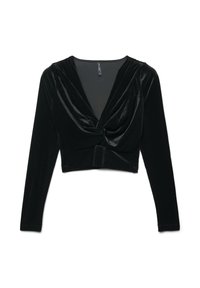 Top in velluto nero a maniche lunghe, con design frontale attorcigliato e scollatura a V profonda. Texture liscia con silhouette aderente.