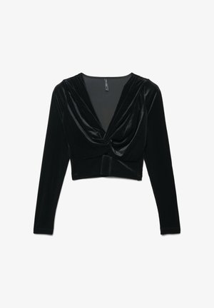 Top in velluto nero a maniche lunghe, con design frontale attorcigliato e scollatura a V profonda. Texture liscia con silhouette aderente.