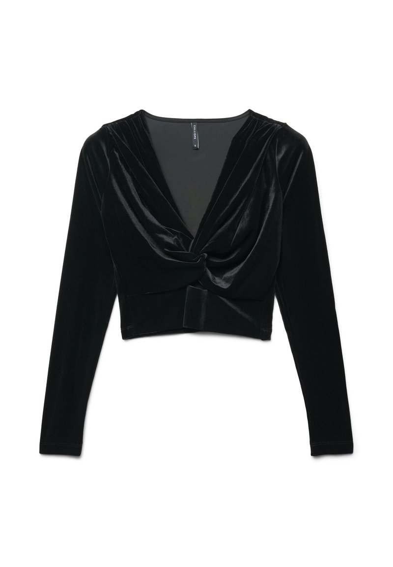 Top in velluto nero a maniche lunghe, con design frontale attorcigliato e scollatura a V profonda. Texture liscia con silhouette aderente.