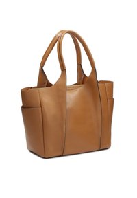 Borsa a tracolla in pelle marrone con due manici, caratterizzata da una forma strutturata, una superficie testurizzata e tasche esterne per riporre gli oggetti.