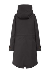 Schwarzer Kapuzenmantel mit geradem Schnitt, langen Ärmeln, Knopfdetails an den Manschetten und einem abgerundeten Saum. Hergestellt aus einem glatten, wasserabweisenden Stoff.