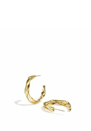 Pair of twisted gold hoop earrings with a shiny, smooth finish and post backs, displayed on a white surface.