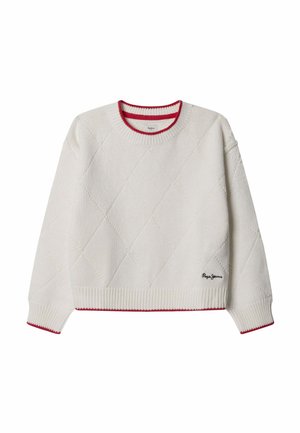 Jersey de punto blanco con patrón de diamante, ribete rojo en el cuello, puños y dobladillo, y pequeño logo negro "Pepe Jeans" en el dobladillo delantero.