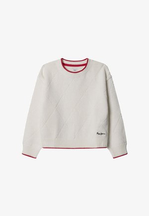 Jersey de punto blanco con patrón de diamante, ribete rojo en el cuello, puños y dobladillo, y pequeño logo negro "Pepe Jeans" en el dobladillo delantero.