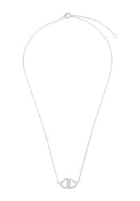 Srebrny naszyjnik z cienkim łańcuszkiem. Posiada dwa splecione wzory serc, z których jeden zdobiony jest małymi kamieniami dla dodatkowych detali.