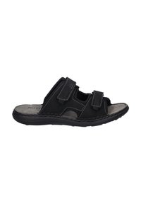 Schwarze Rutschsandale aus weichem Material, mit zwei verstellbaren Riemen, abgerundetem Zeh und einer strukturierten Innensohle für zusätzlichen Komfort.