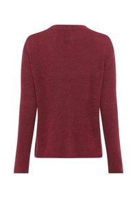 Bordeaux-roter langärmeliger Pullover mit Rundhalsausschnitt, aus einem weichen Stoff gefertigt, mit glatter Textur und lockerer Passform.