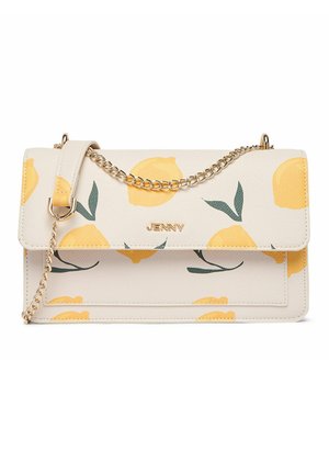 Handtasche aus cremefarbenem Leder mit gelbem Zitronenmuster, goldener Kettenriemen und "JENNY"-Logo auf der vorderen Klappe.