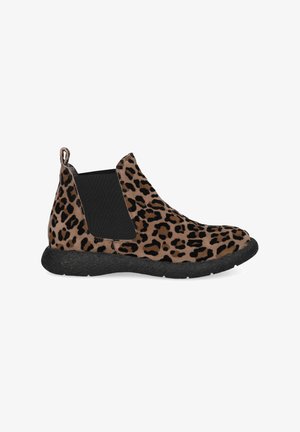 Leopard print ankle boots made of suede, with black elastic inserts and a textured black rubber sole. Features a pull tab at the back.