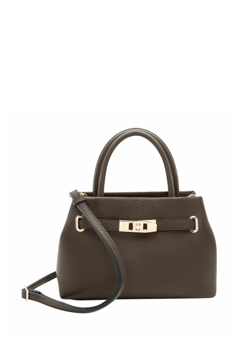 Borsa a mano in pelle marrone con finitura testurizzata, doppi manici rotondi, dettagli in metallo dorato e tracolla removibile.