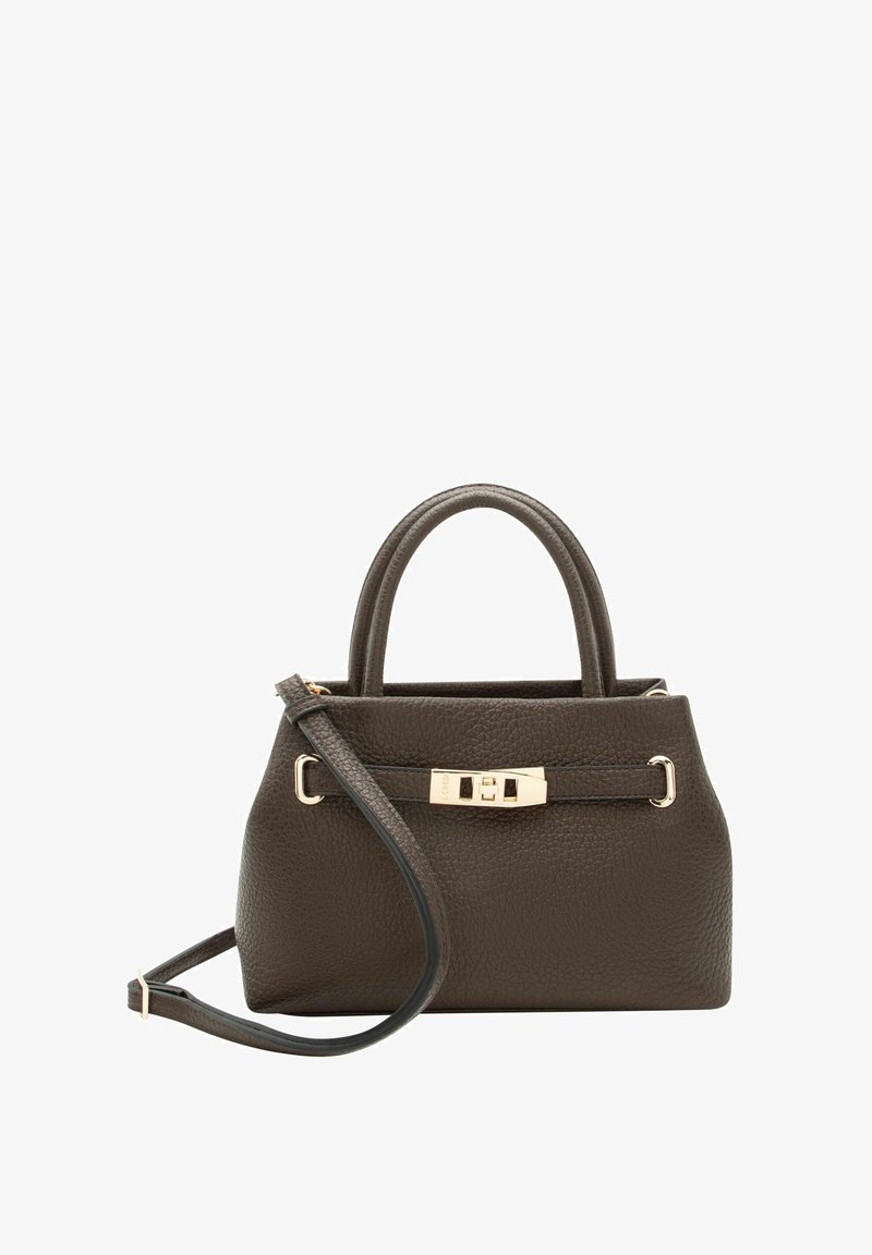 Borsa a mano in pelle marrone con finitura testurizzata, doppi manici rotondi, dettagli in metallo dorato e tracolla removibile.