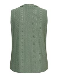 Haut vert clair sans manches avec des motifs en dentelle verticale et un col, vu de dos sur un fond blanc.