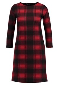 Červené a černé kostkované šaty s kulatým výstřihem a dlouhými rukávy, vyrobené z příjemného materiálu, s těsným živůtkem a volnou sukní.