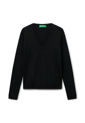 Maglione nero a V con maniche lunghe, colletto e polsi a coste, texture morbida, design semplice, adatto a varie occasioni.