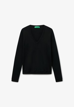 Suéter negro de cuello en V con mangas largas, cuello y puños acanalados, textura suave, diseño sencillo, adecuado para diversas ocasiones.
